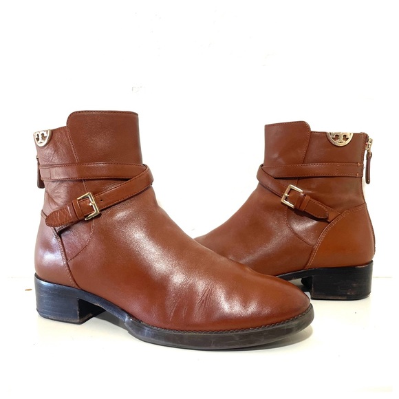 Tory Burch Sidney Low Heel Leather Ankle Bootie in Penny Brown Golden Logo Boots - Picture 2 of 13